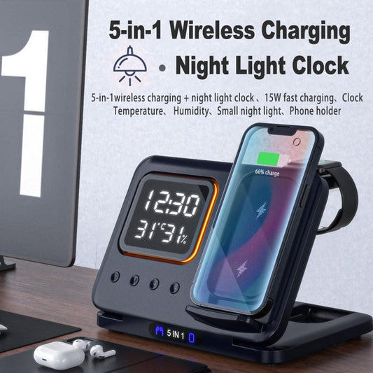 5 In 1 LED Digital Alarm Clock Fast Charging Dock Station - Blixsy